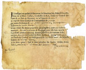 Un document daté du 27 janvier 1695, dans les archives du village de Peyresq.
Le document le plus ancien dans ces archives est daté de 1270.